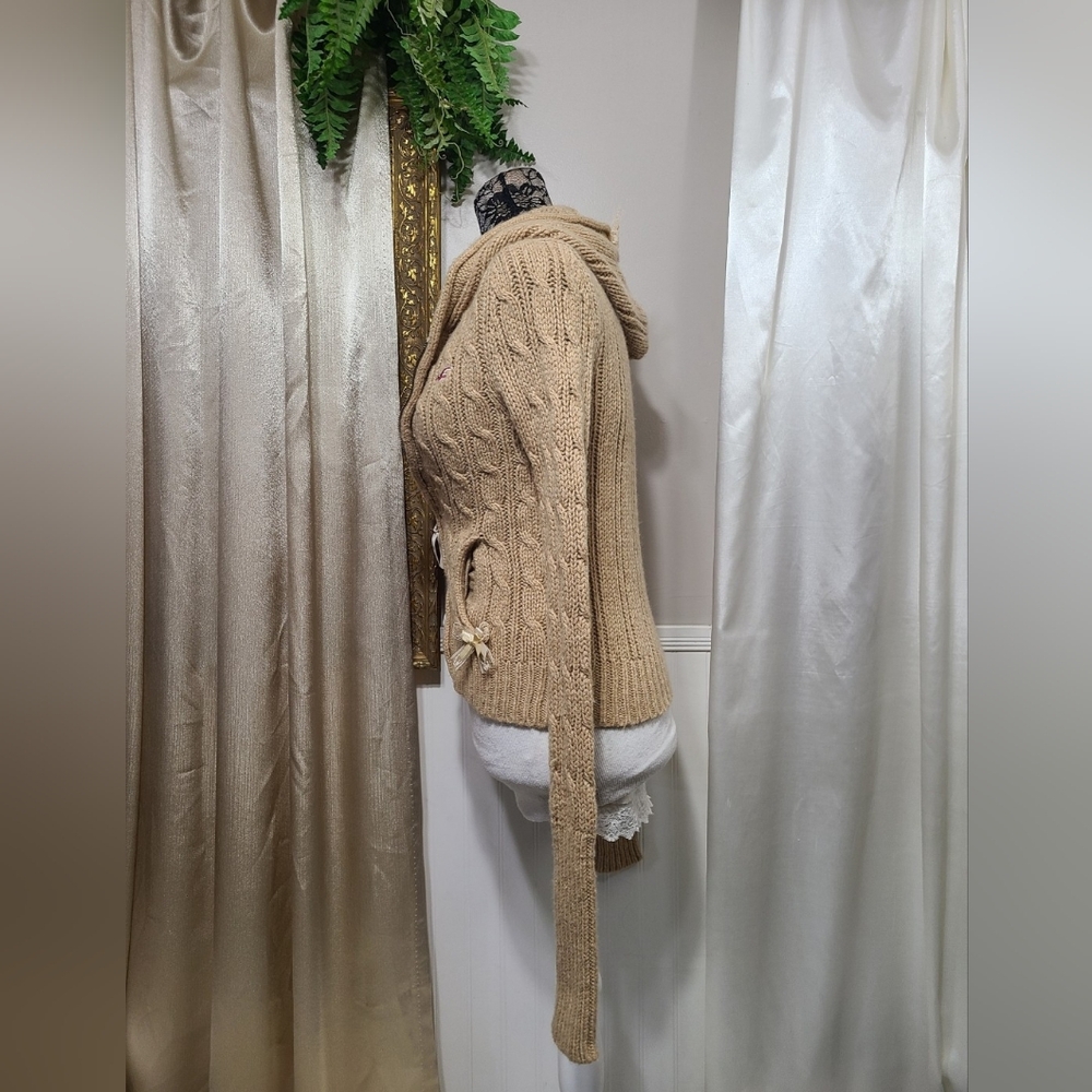 ♡ Y2K ♡ Hollister Tan Wool & Rabbit Hair Zip Down Hooded Babydoll Sweater 2000s - Picture 9 of 13